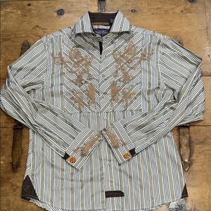 English Laundry Men’s Large Western Embroidered Stripe Button Down Taupe Gray